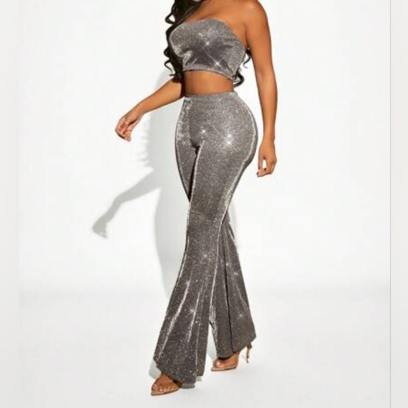 SHEIN Pants - Shein SXY Silver Glitter Stretchy Tube Top & Flare Pants Set Party Evening